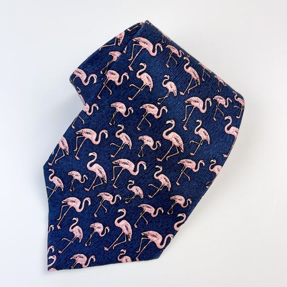 Tropicals by Tango 100% Silk Neck Tie Blue Pink Flamingos - Picture 2 of 6